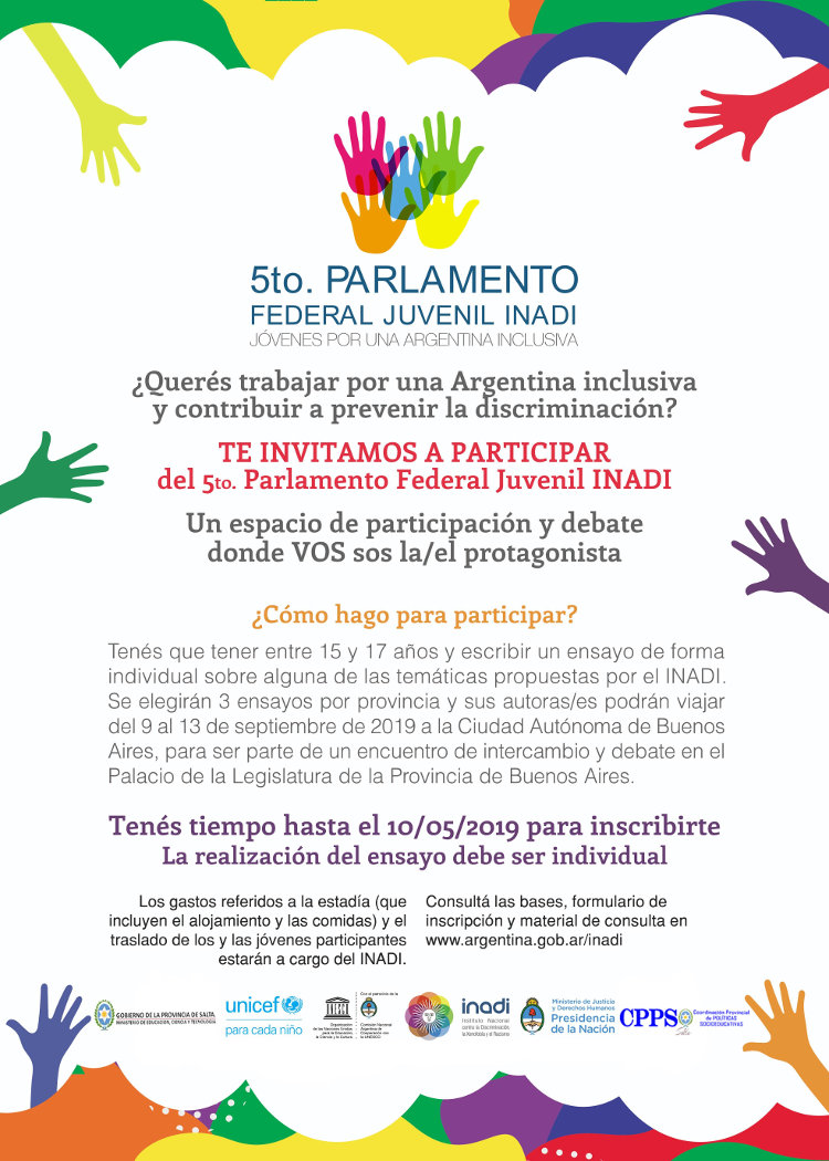 Te invitamos a participar del 5° Parlamento Federal Juvenil INADI Te invitamos a participar del 5° Parlamento Federal Juvenil INADI