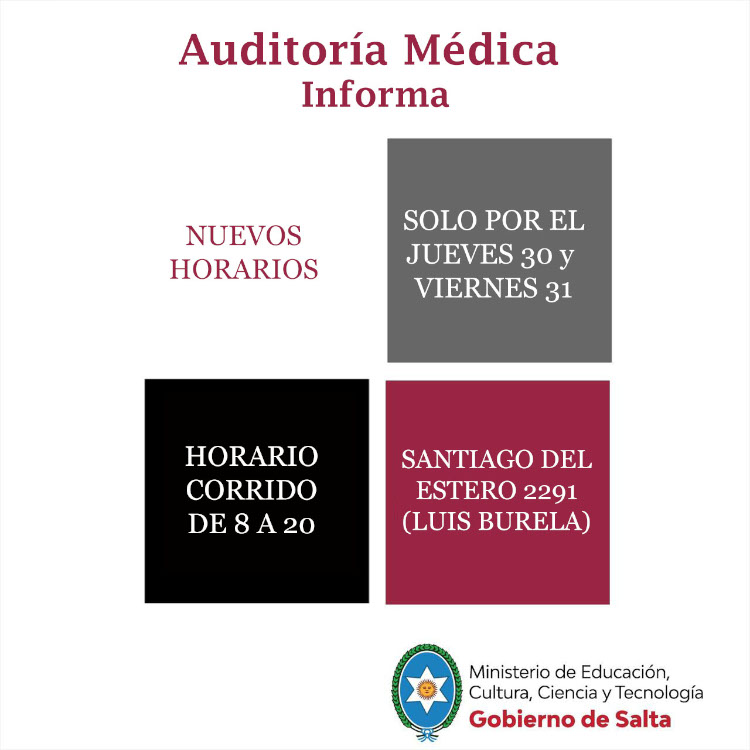 Ministerio de Educación, Cultura, Ciencia y Tecnología informa los horarios de atención de Auditoría Médica Ministerio de Educación, Cultura, Ciencia y Tecnología informa los horarios de atención de Auditoría Médica